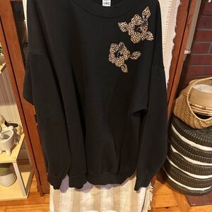 Vintage 80s/90s Leopard Flower Decal Black Sweatshirt XL NWOT